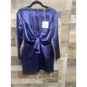 Missguided Silky Tie Front Long Sleeve Shift Dress Navy Size 2 New Tags